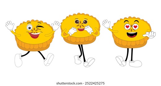 Cute happy funny character pumpkin pie set collection, cake cartoon mascot with different expressions. food vector illustration