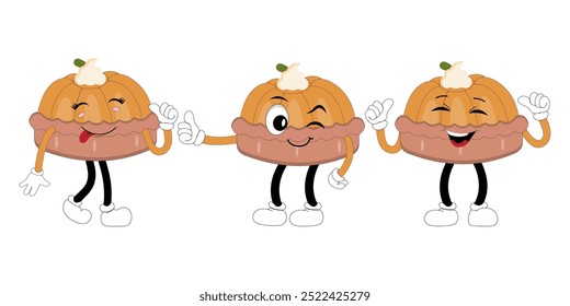 Cute happy funny character pumpkin pie set collection, cake cartoon mascot with different expressions. food vector illustration