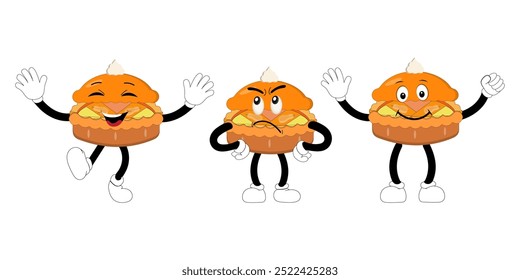 Cute happy funny character pumpkin pie set collection, cake cartoon mascot with different expressions. food vector illustration