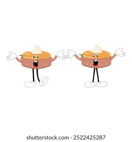 Cute happy funny character pumpkin pie set collection, cake cartoon mascot with different expressions. food vector illustration