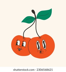 Cute happy funny cherries 30s cartoon mascot character 40s, 50s, 60s old animation style.