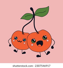 Cute happy funny cherries with kawaii eyes . Vector illustration isolated