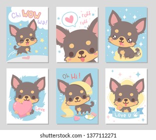 Cute happy funny chihuahua dog, chocolate brown long hair in soft color. Set of rectangle gift tag, card, postcard. Lovely, chiwawa wow! Vector illustration.
