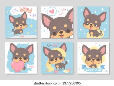 Cute happy funny chihuahua dog, chocolate brown long hair in soft color.  Set of square gift tag, card, badge.Lovely, chiwawa wow! Vector illustration.