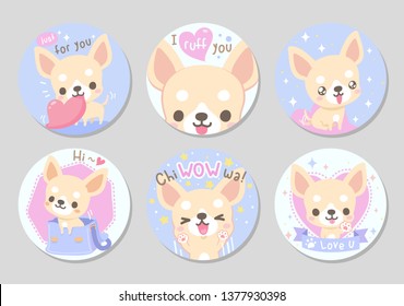 Cute happy funny chihuahua dog, light cream short hair in soft pastel color.  Set of circle gift tag, badge, button pin. Lovely, chiwawa wow! Vector illustration.
