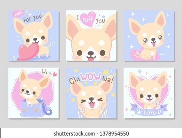 Cute happy funny chihuahua dog, light cream short hair in soft pastel color.  Set of square gift tag, card, badge.Lovely, chiwawa wow! Vector illustration.
