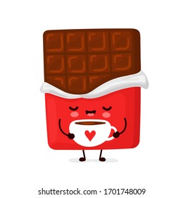 Cute happy funny chocolate bar with coffee mug. Vector cartoon character illustration icon design.Isolated on white background