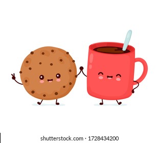 Una galleta de chocolate y una taza de café alegres. Icono de ilustración de carácter de dibujos animados.Aislado sobre fondo blanco