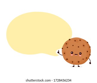 Cute Happy Funny Chocolate Cookie With Speech Bubble. Vector Cartoon Character Illustration Icon Design.Isolated On White Background