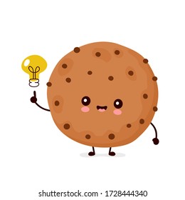 Cute happy funny chocolate cookie with light bulb. Vector cartoon character illustration icon design.Isolated on white background