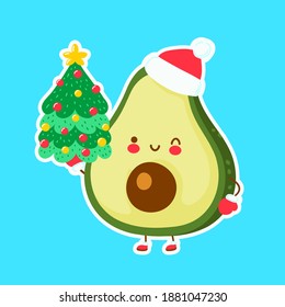 Cute happy funny christmas avocado. Vector cartoon character hand drawn style illustration. Christmas, New Year concept