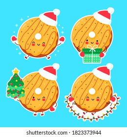 Cute happy funny christmas donut. Vector cartoon character hand drawn style illustration. Christmas, New Year concept