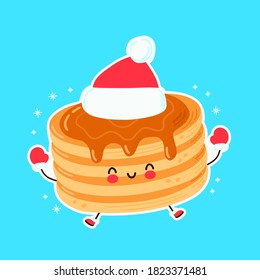 Cute Happy Funny Christmas Pancake. Vector Cartoon Character Hand Drawn Style Illustration. Christmas, New Year Concept