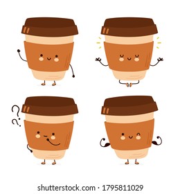 Cute happy funny coffee cup set collection. Isolated on white background. Vector cartoon character hand drawn style illustration