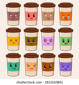 Cute happy funny coffee cup set collection. Isolated on white background. Vector cartoon character illustration EPS