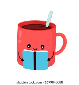 Cute happy funny coffee mug read book. Vector cartoon character illustration icon design.Isolated on white background