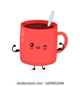 Cute happy funny coffee mug show muscle. Vector cartoon character illustration icon design.Isolated on white background