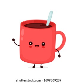 Cute happy funny coffee mug. Vector cartoon character illustration icon design.Isolated on white background