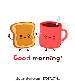 Cute Happy Funny Coffee Mug And Toast With Peanut Butter. Good Morning Card. Vector Cartoon Character Illustration Icon Design.Isolated On White Background