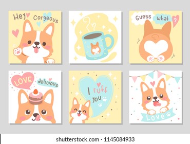 Cute happy funny corgi dog with yummy cup & cake full of love in soft pastel color. Set of square gift tag, card, badge. Lovely, valentine day. Vector illustration.
