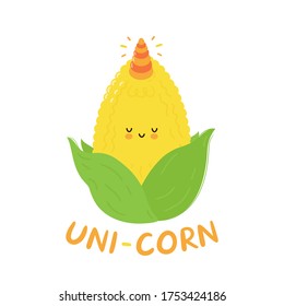 Cute happy funny corn with unicorn horn. Vector cartoon character hand drawing style illustration. Isolated on white background. Happy funny corn,unicorn,sweet cartoon character,poster,card,t shirt