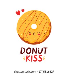 Cute happy funny donut. Vector cartoon character hand drawing style illustration. Isolated on white background. Donut kiss card