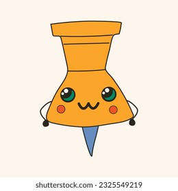 Cute happy funny  Drawing Pin with kawaii eyes. Cartoon cheerful school mascot