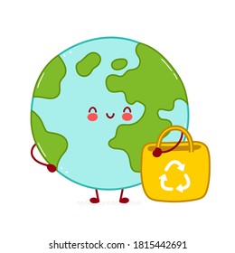 Cute happy funny Earth planet character with eco bag. Vector cartoon character illustration icon design. Isolated on white background