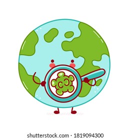 Cute happy funny Earth planet character look at bacteria in magnifier. Vector cartoon character illustration icon design. Isolated on white background