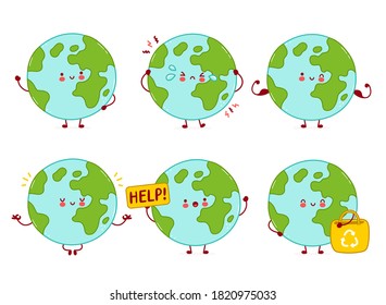 Cute happy funny Earth planet character set collection. Vector cartoon character illustration icon design. Isolated on white background