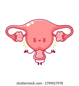 Cute Happy Funny Female Woman Uterus Organ Meditate.Vector Doodle Cartoon Character Illustration Icon Logo Art.Uterus,vagina Cartoon Character.Ovaries,ovary,reproductive,menstruation,pregnancy Concept