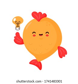 Cute happy funny fish with light bulb. Vector cartoon character illustration icon design.Isolated on white background