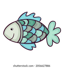 Cute happy funny fish. Vector cartoon character