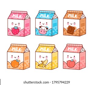 Cute happy funny flavored milk dessert drink set. Vector flat line cartoon kawaii character illustration icon. Isolated on white background. Strawberry, chocolate,banana dessert drink milk collection