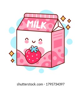 Cute happy funny flavored strawberry milk. Vector flat line cartoon kawaii character illustration icon. Isolated on white background