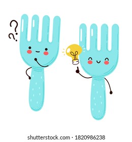 Cálido y divertido tenedor con signo de interrogación y bombilla de ideas. Aislado sobre fondo blanco. Ilustración de estilo dibujada a mano por personajes de dibujos animados