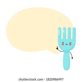 Cute happy funny fork with speech bubble. Isolated on white background. Vector cartoon character hand drawn style illustration