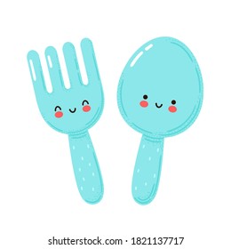 Cute happy funny fork and spoon. Isolated on white background. Vector cartoon character hand drawn style illustration