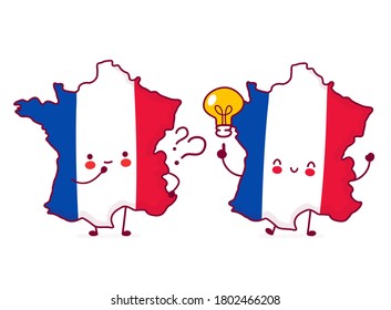 Cute happy funny France map and flag character with question mark and idea lightbulb. Vector flat line cartoon kawaii character illustration icon. Isolated on white background. France concept