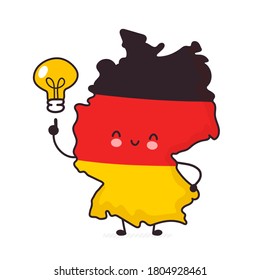 Cute happy funny Germany map and flag character with idea light bulb. Vector flat line cartoon kawaii character illustration icon. Isolated on white background. Germany concept