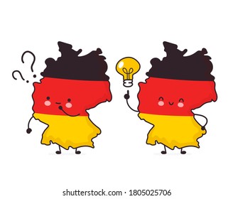 Cute happy funny Germany map and flag character with question mark and idea light bulb. Vector flat line cartoon kawaii character illustration icon. Isolated on white background. Germany concept