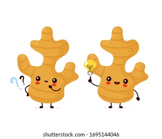 Cute happy funny ginger root with question mark and idea lightbulb. Vector cartoon character illustration icon design.Isolated on white background