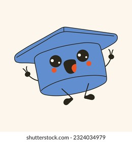 Cute happy funny Graduation Hat with kawaii eyes. Cartoon cheerful school mascot 