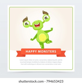 Cute happy funny green monster jumping on one leg, happy monsters banner cartoon vector element for website or mobile app