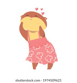 Cute Happy Funny Hamster Girl, Adorable Animal Character in Pink Skirt and Hearts over her Head Cartoon Vector Illustration