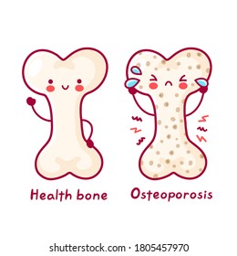 Cute happy funny healthy and osteoporosis bone. Vector flat line cartoon kawaii character illustration icon. Isolated on white background. Sick unhealthy hurt,pain osteoporosis,happy healthy bone icon