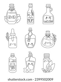 Cute happy funny herbal oil bottle. Coloring Page. Kawaii cartoon organic cosmetic characters. Hand drawn style. Vector drawing. Collection of design elements.