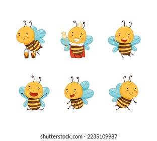 Cute happy funny honey bees set. Beekeeping and apiculture cartoon vector illustration