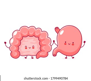 Cute happy funny human intestine and stomach organ.Vector flat line doodle cartoon kawaii character illustration icon.Isolated on white background.Digestive kid tract system,gut organs,kids concept