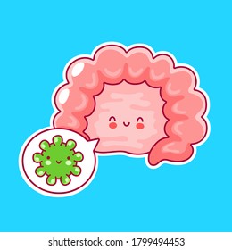 Cute happy funny human intestine organ and speech bubble with good bacteria. Vector flat line cartoon kawaii character illustration icon. Isolat. Digestive tract concept